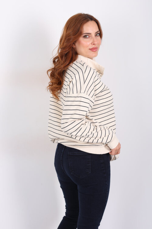 Yarım Fermuarlı Dik Yaka Krem Kadın Çizgili Sweat - 5