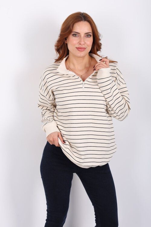 Yarım Fermuarlı Dik Yaka Krem Kadın Çizgili Sweat - Berox