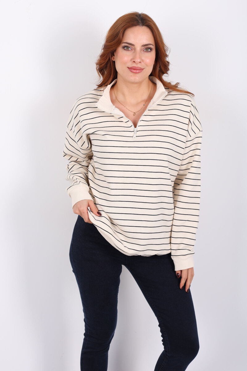 Yarım Fermuarlı Dik Yaka Krem Kadın Çizgili Sweat - 6