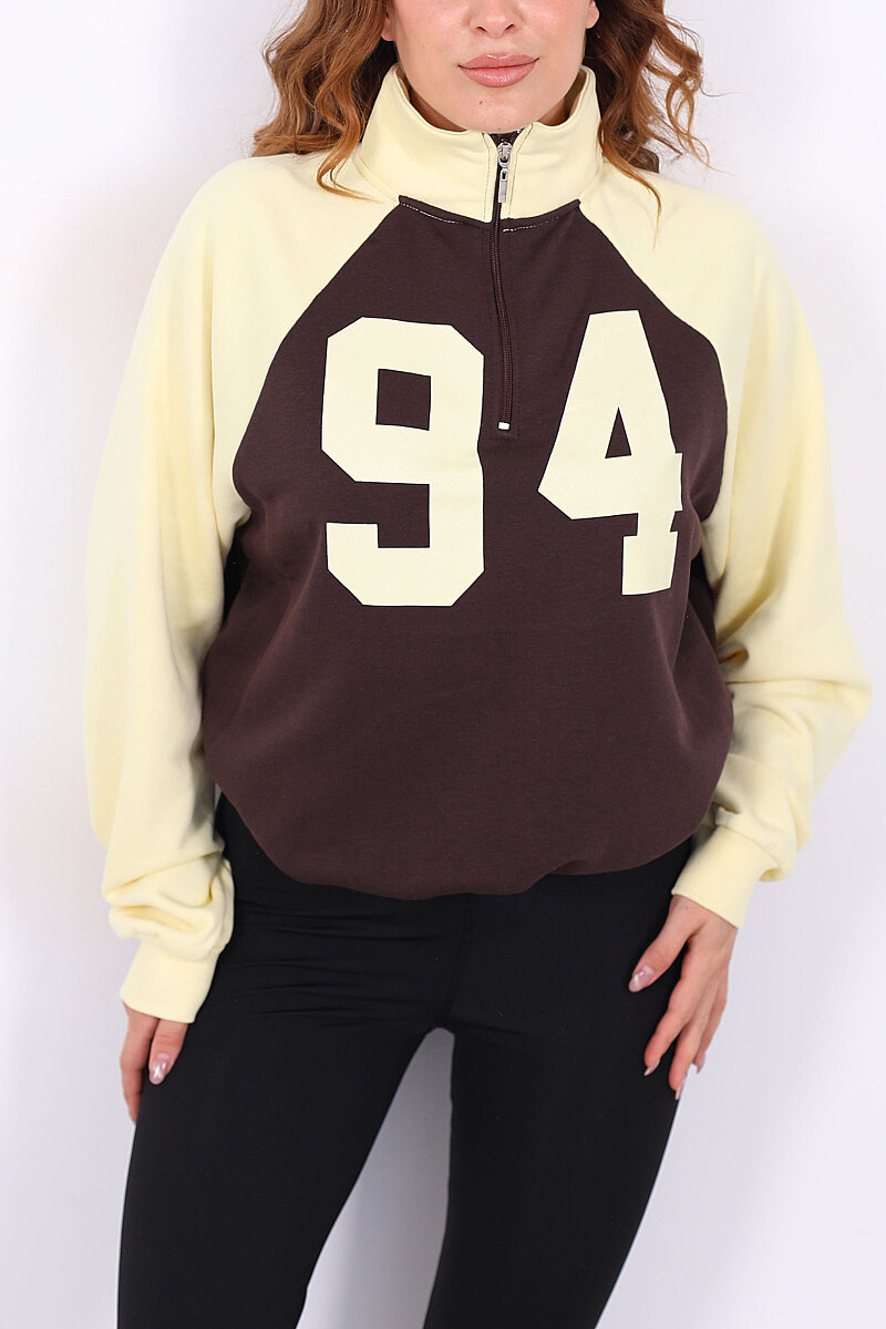 Yarım Fermuarlı Reglan Kollu Sarı Kadın Sweatshirt - 2