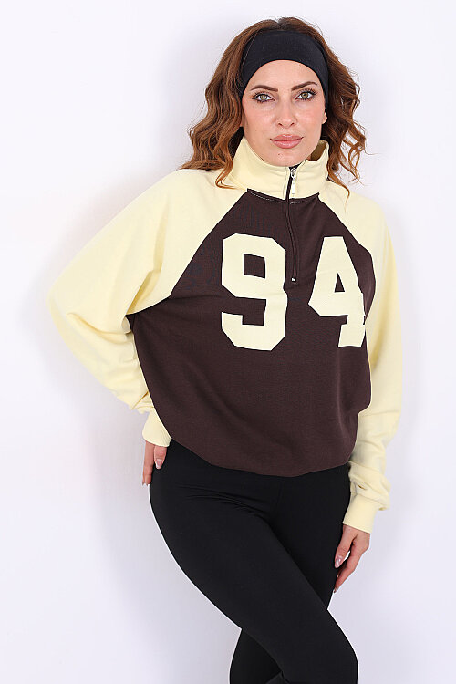Yarım Fermuarlı Reglan Kollu Sarı Kadın Sweatshirt - 4