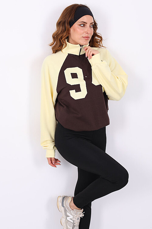 Yarım Fermuarlı Reglan Kollu Sarı Kadın Sweatshirt - 3