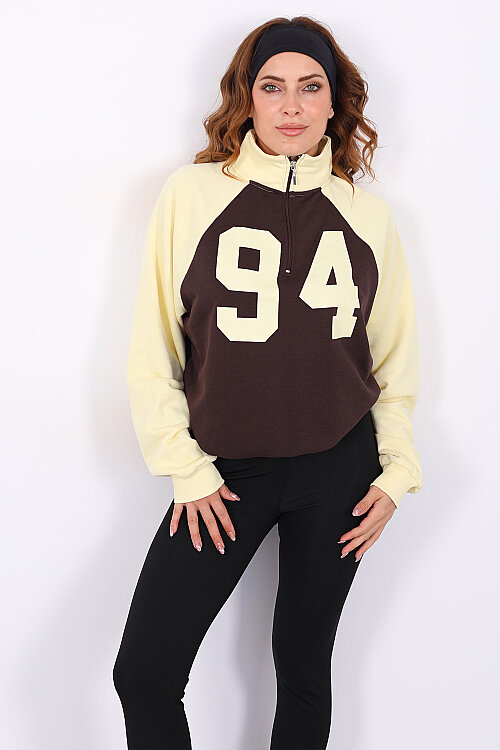 Yarım Fermuarlı Reglan Kollu Sarı Kadın Sweatshirt - Berox