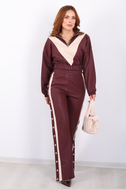 Yarım Fermuarlı Şerit Detaylı Bordo Kadın Deri Çıtçıtlı Takım - 8