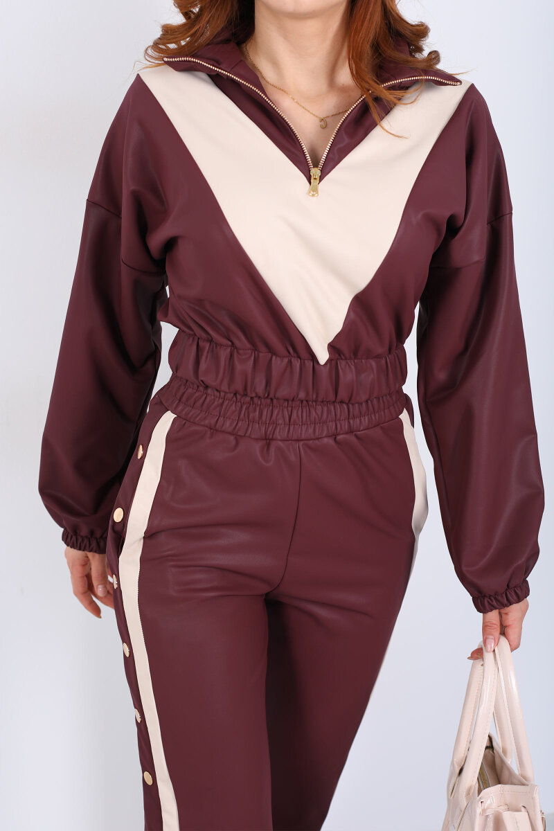 Yarım Fermuarlı Şerit Detaylı Bordo Kadın Deri Çıtçıtlı Takım - 2