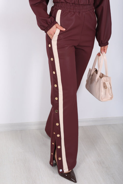 Yarım Fermuarlı Şerit Detaylı Bordo Kadın Deri Çıtçıtlı Takım - 5