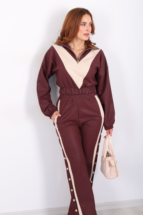 Yarım Fermuarlı Şerit Detaylı Bordo Kadın Deri Çıtçıtlı Takım - 7