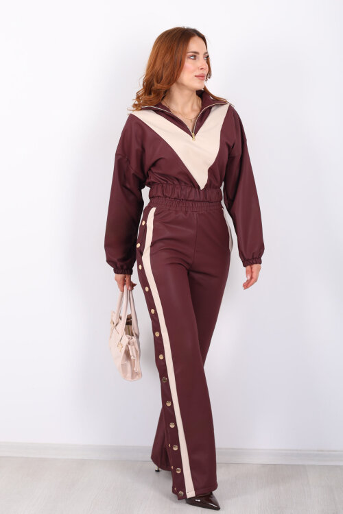 Yarım Fermuarlı Şerit Detaylı Bordo Kadın Deri Çıtçıtlı Takım - 4