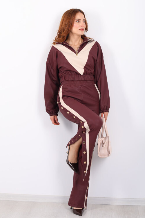 Yarım Fermuarlı Şerit Detaylı Bordo Kadın Deri Çıtçıtlı Takım - Berox