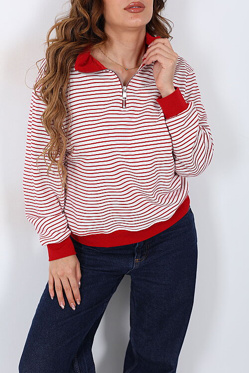 Yarım Fermuarlı Yakalı Çizgili Kırmızı Kadın Sweatshirt - Berox (1)