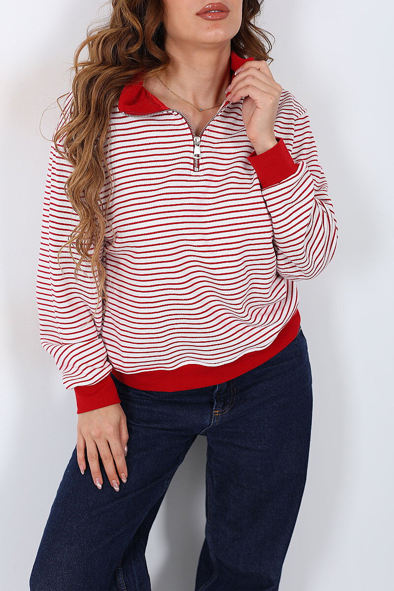 Yarım Fermuarlı Yakalı Çizgili Kırmızı Kadın Sweatshirt - 2