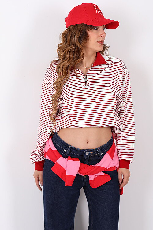 Yarım Fermuarlı Yakalı Çizgili Kırmızı Kadın Sweatshirt - 4