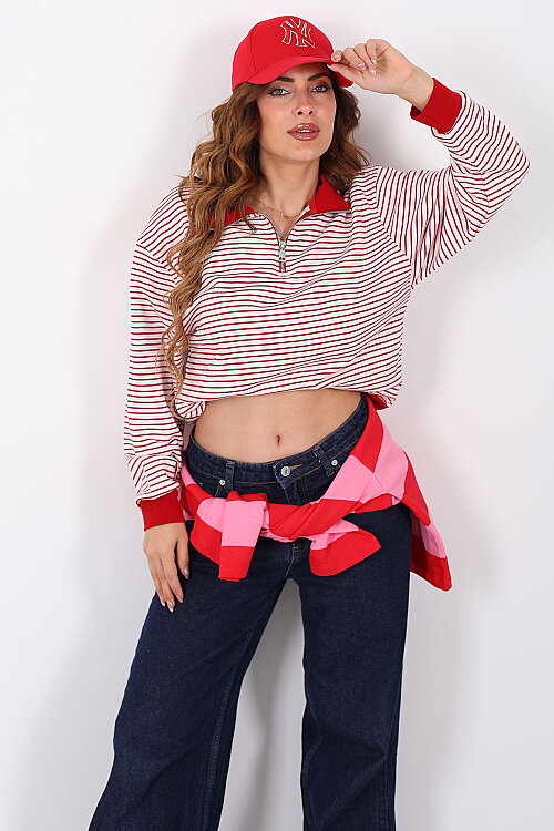 Yarım Fermuarlı Yakalı Çizgili Kırmızı Kadın Sweatshirt - Berox