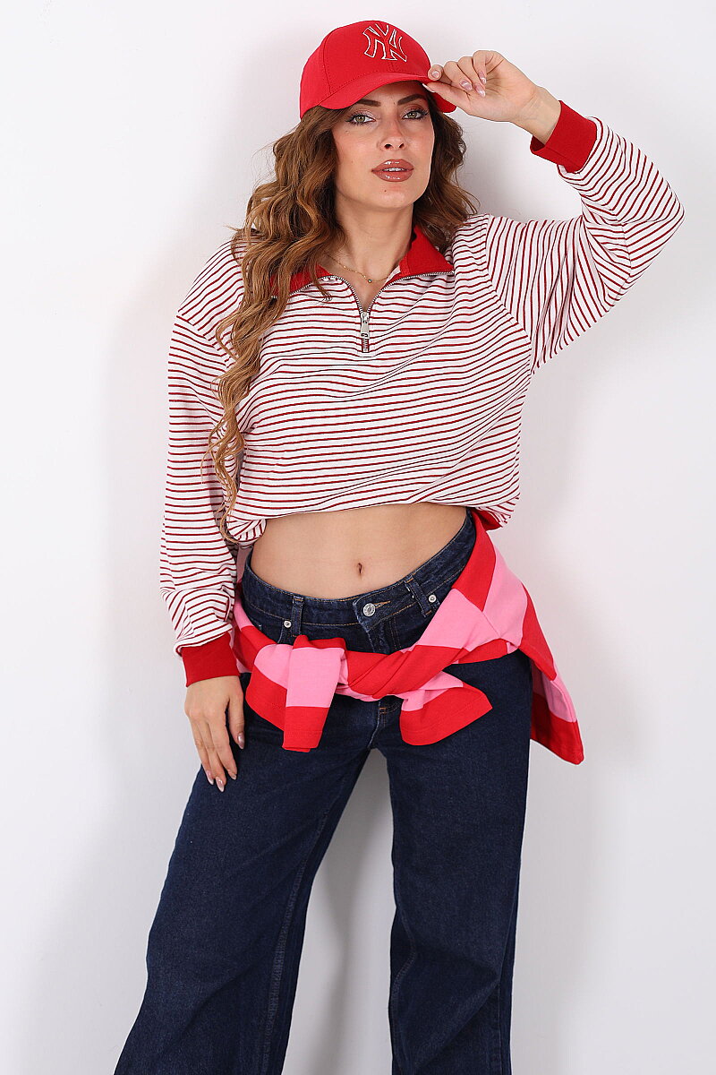Yarım Fermuarlı Yakalı Çizgili Kırmızı Kadın Sweatshirt - 1