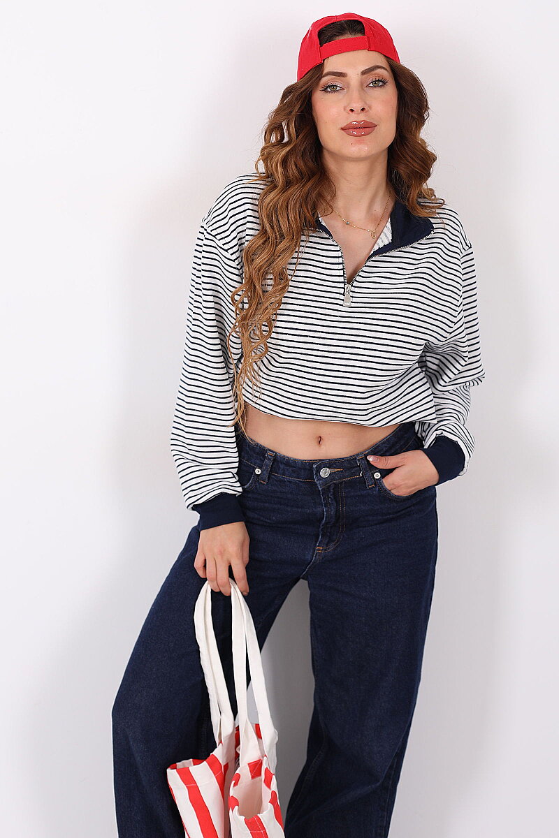 Yarım Fermuarlı Yakalı Çizgili Lacivert Kadın Sweatshirt - 3