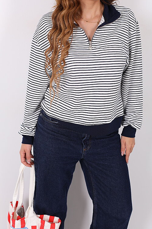 Yarım Fermuarlı Yakalı Çizgili Lacivert Kadın Sweatshirt - Berox (1)