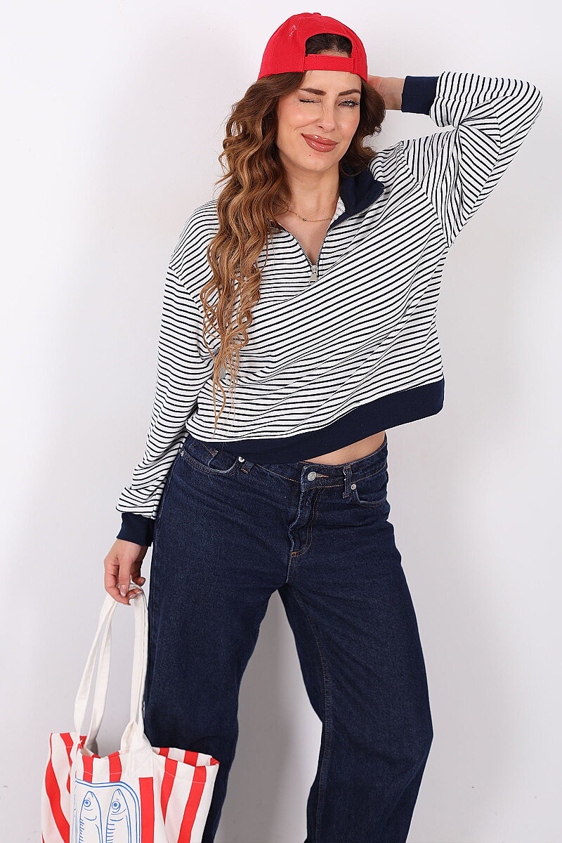 Yarım Fermuarlı Yakalı Çizgili Lacivert Kadın Sweatshirt - 6