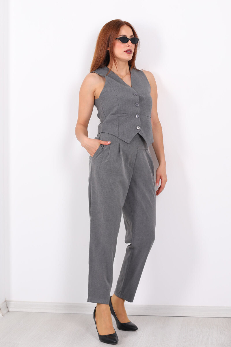 Yarım Kemer Çift Düğmeli Antrasit Kadın Havuç Pantolon - 1