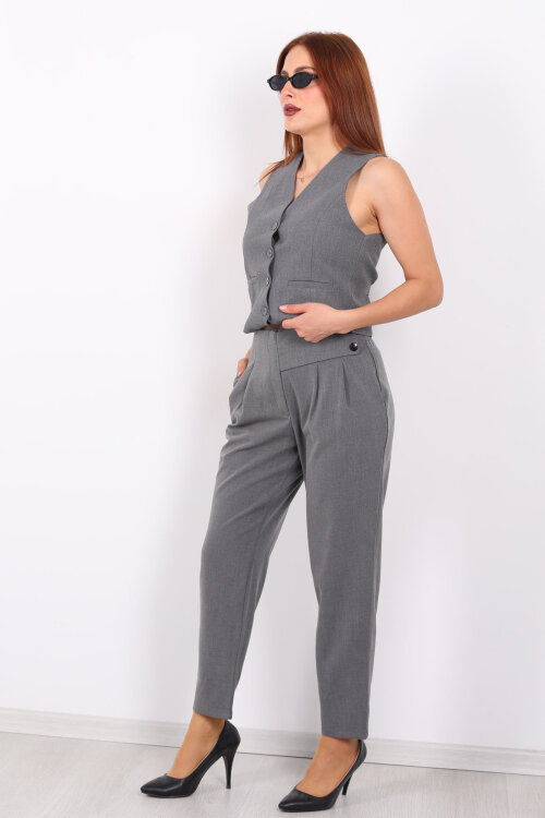 Yarım Kemer Çift Düğmeli Antrasit Kadın Havuç Pantolon - 5