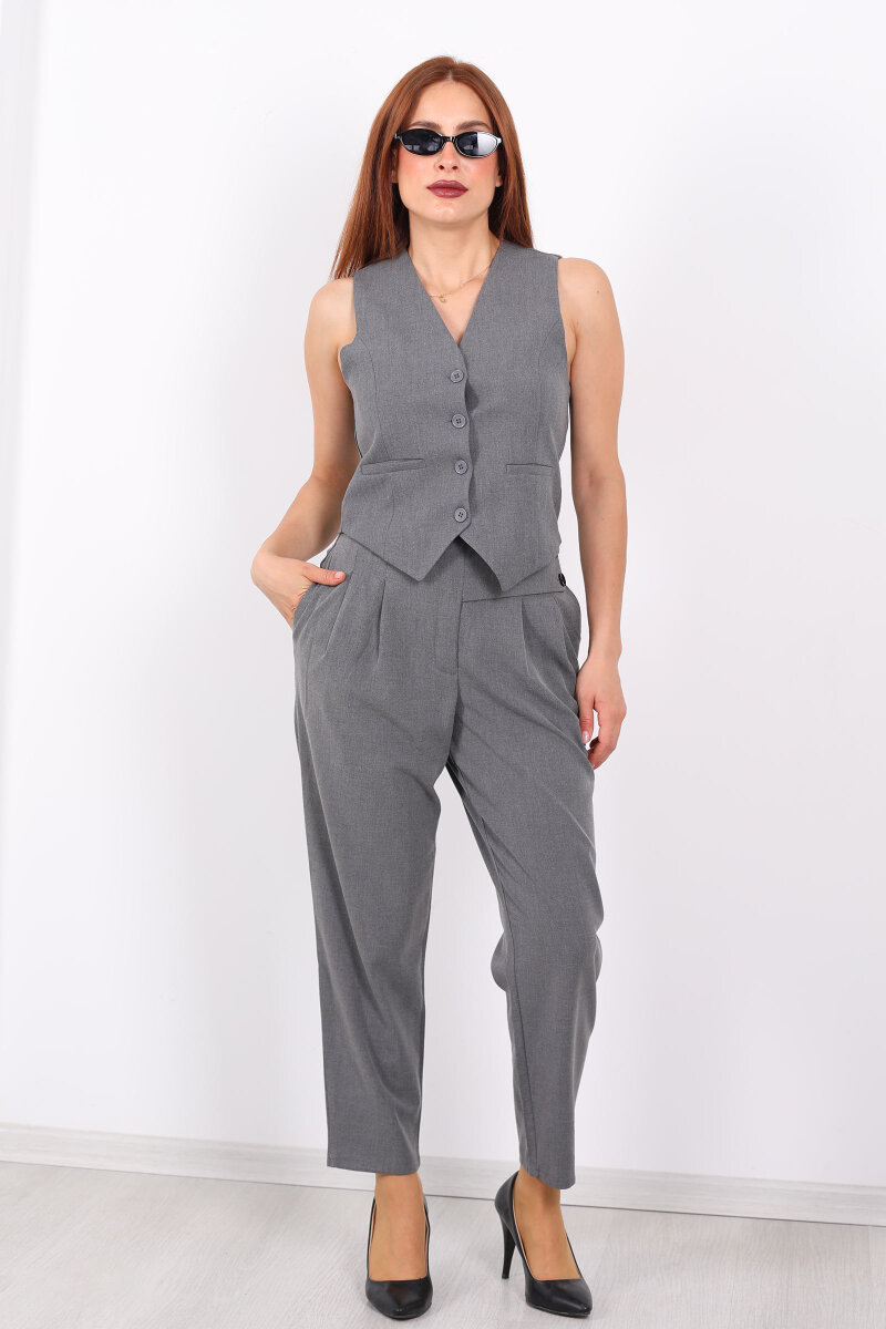 Yarım Kemer Çift Düğmeli Antrasit Kadın Havuç Pantolon - 3