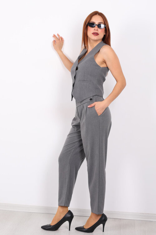 Yarım Kemer Çift Düğmeli Antrasit Kadın Havuç Pantolon - 6