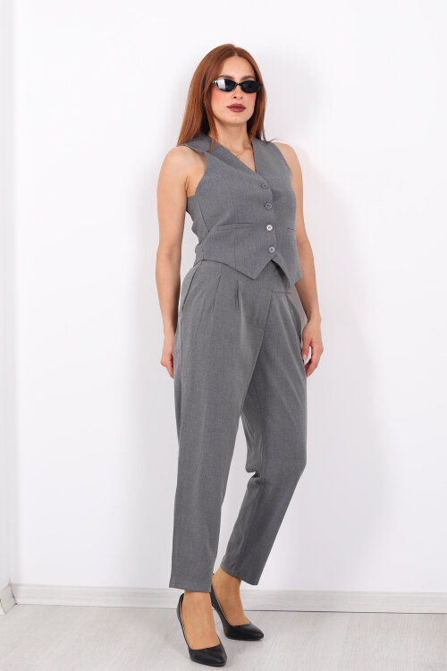 Yarım Kemer Çift Düğmeli Antrasit Kadın Havuç Pantolon - 4