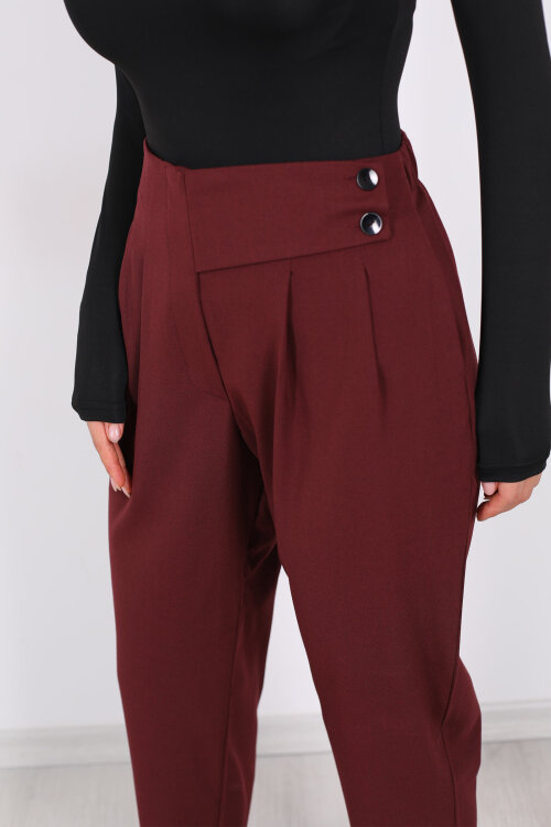 Yarım Kemer Çift Düğmeli Bordo Kadın Havuç Pantolon - Berox (1)