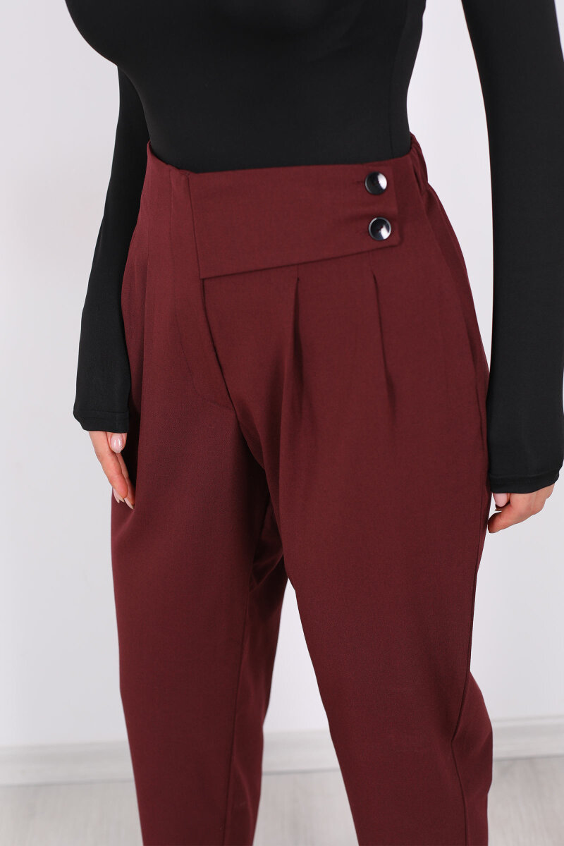 Yarım Kemer Çift Düğmeli Bordo Kadın Havuç Pantolon - 2