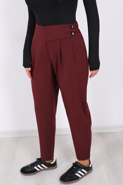 Yarım Kemer Çift Düğmeli Bordo Kadın Havuç Pantolon - 6