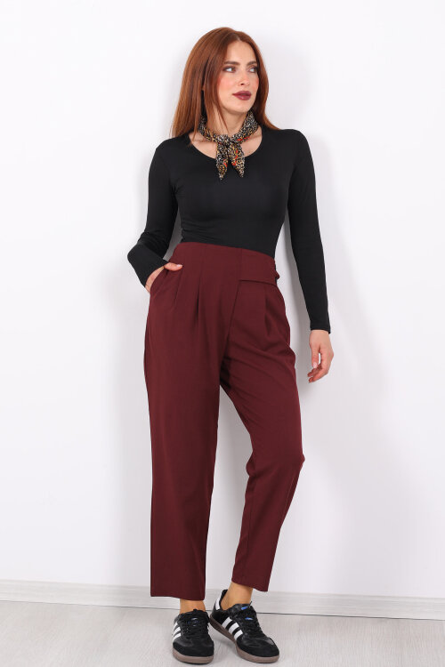Yarım Kemer Çift Düğmeli Bordo Kadın Havuç Pantolon - Berox