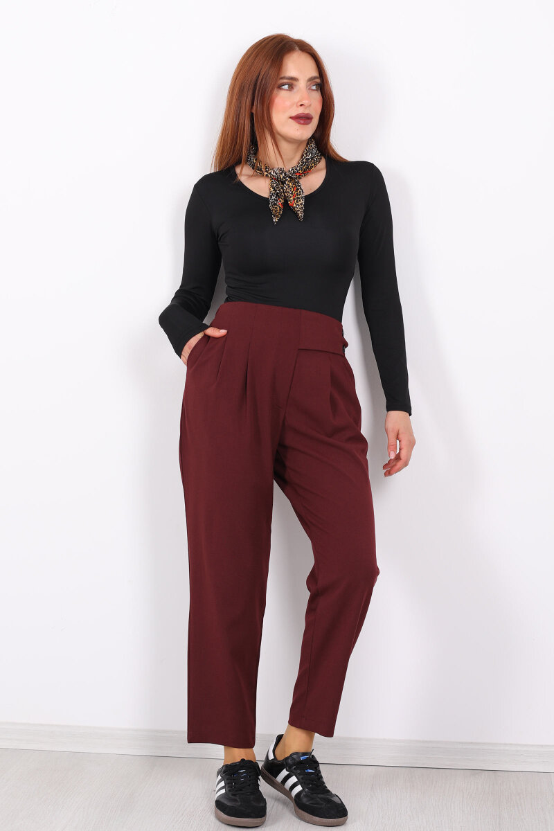Yarım Kemer Çift Düğmeli Bordo Kadın Havuç Pantolon - 1