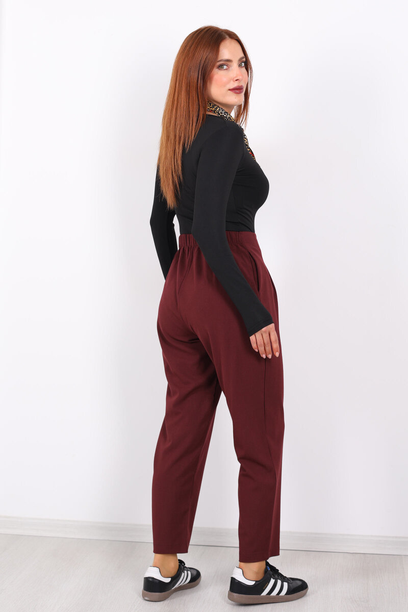 Yarım Kemer Çift Düğmeli Bordo Kadın Havuç Pantolon - 5