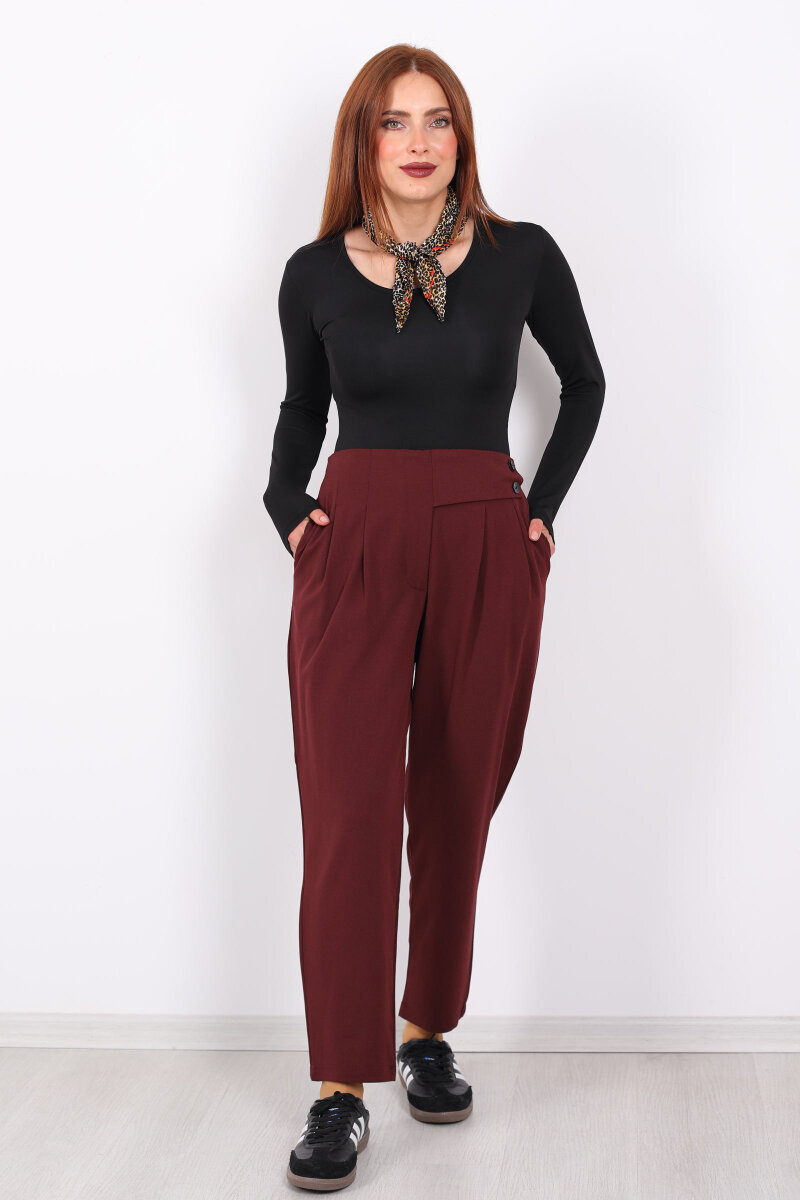 Yarım Kemer Çift Düğmeli Bordo Kadın Havuç Pantolon - 3