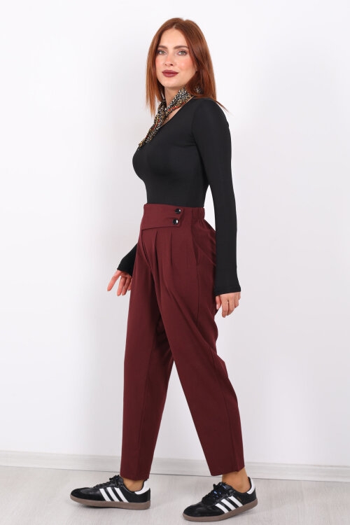 Yarım Kemer Çift Düğmeli Bordo Kadın Havuç Pantolon - 7
