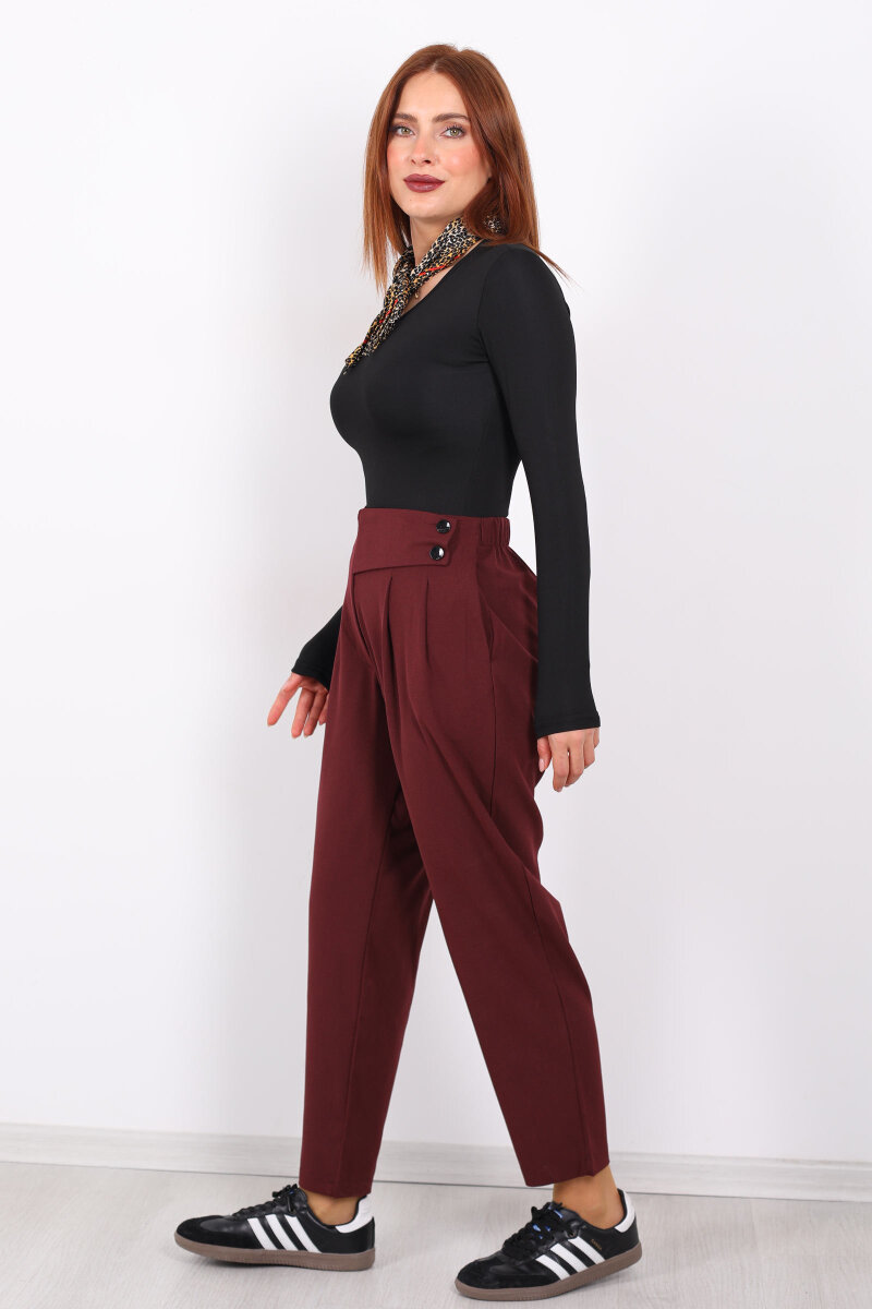 Yarım Kemer Çift Düğmeli Bordo Kadın Havuç Pantolon - 7