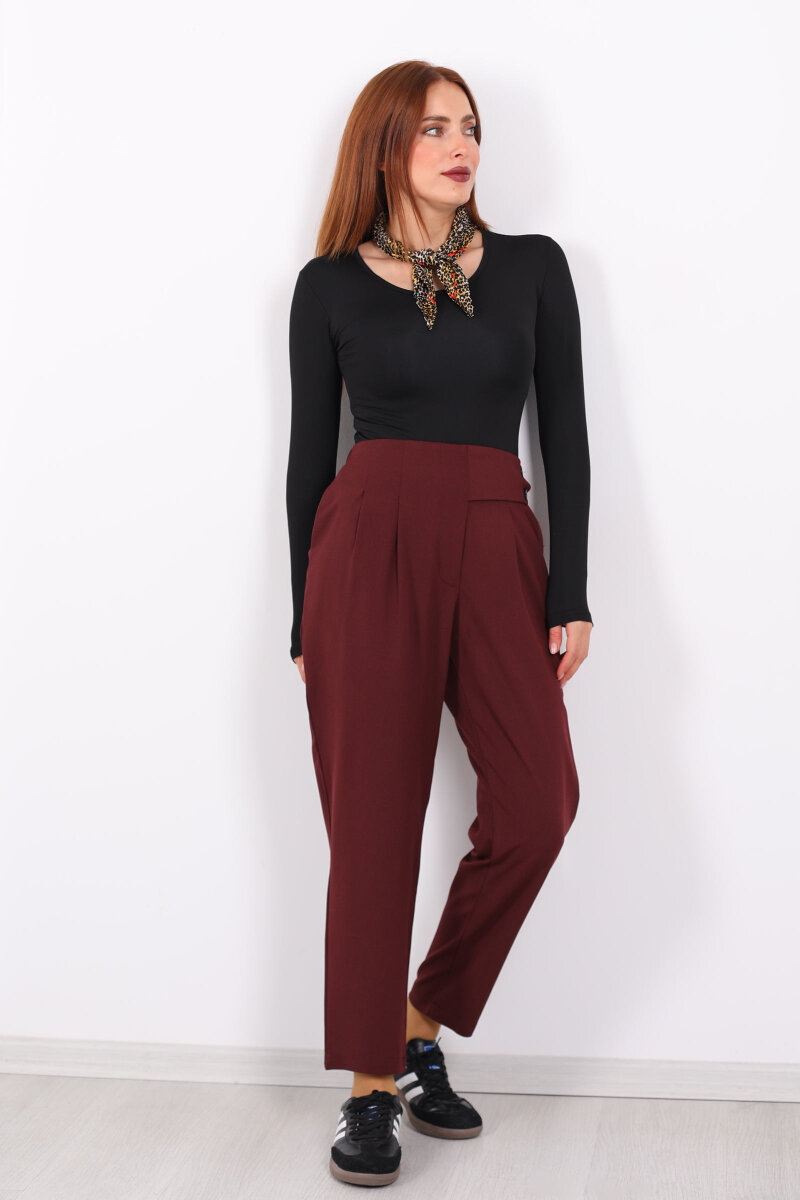 Yarım Kemer Çift Düğmeli Bordo Kadın Havuç Pantolon - 4