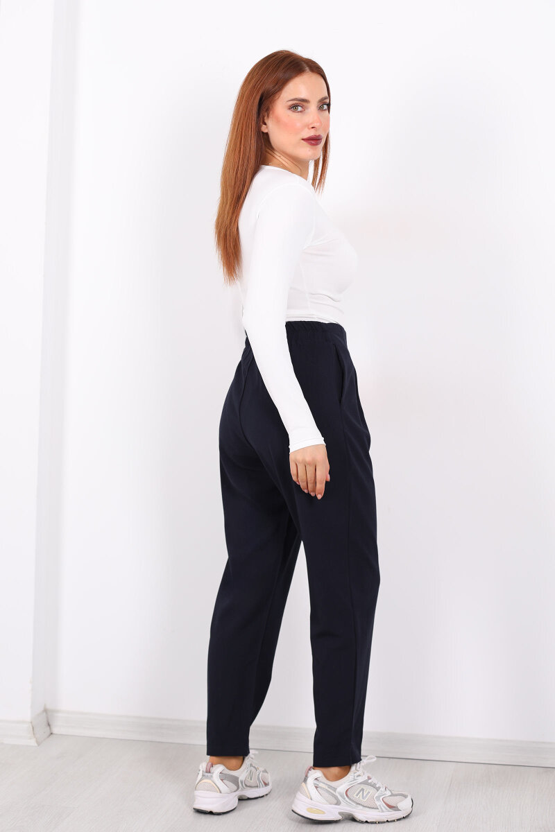 Yarım Kemer Çift Düğmeli Lacivert Kadın Havuç Pantolon - 5