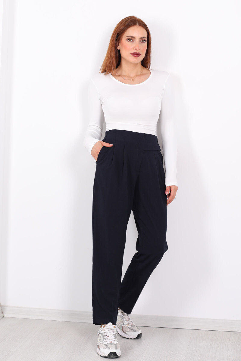 Yarım Kemer Çift Düğmeli Lacivert Kadın Havuç Pantolon - 6