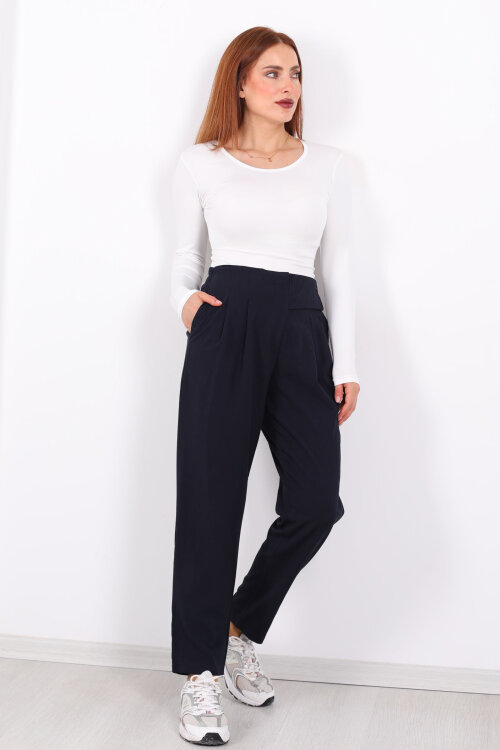 Yarım Kemer Çift Düğmeli Lacivert Kadın Havuç Pantolon - 3