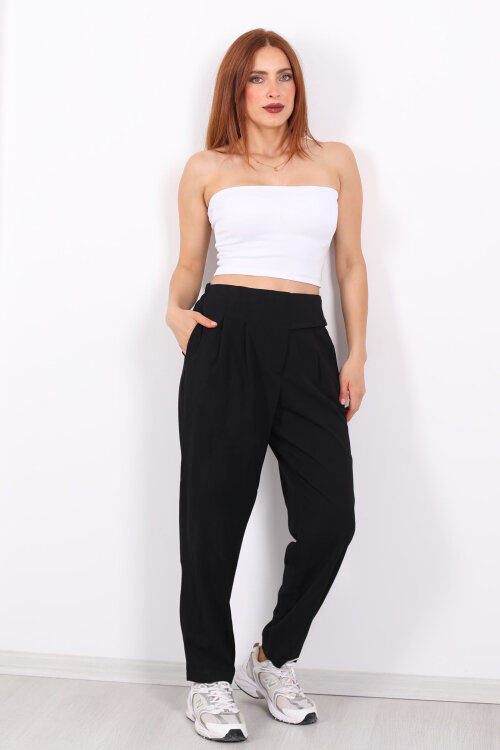 Yarım Kemer Çift Düğmeli Siyah Kadın Havuç Pantolon - 3