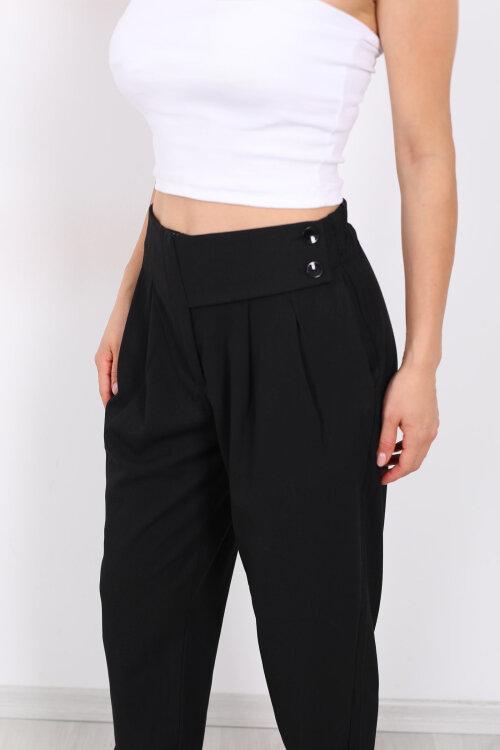 Yarım Kemer Çift Düğmeli Siyah Kadın Havuç Pantolon - Berox (1)