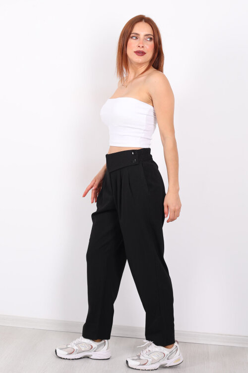 Yarım Kemer Çift Düğmeli Siyah Kadın Havuç Pantolon - 4