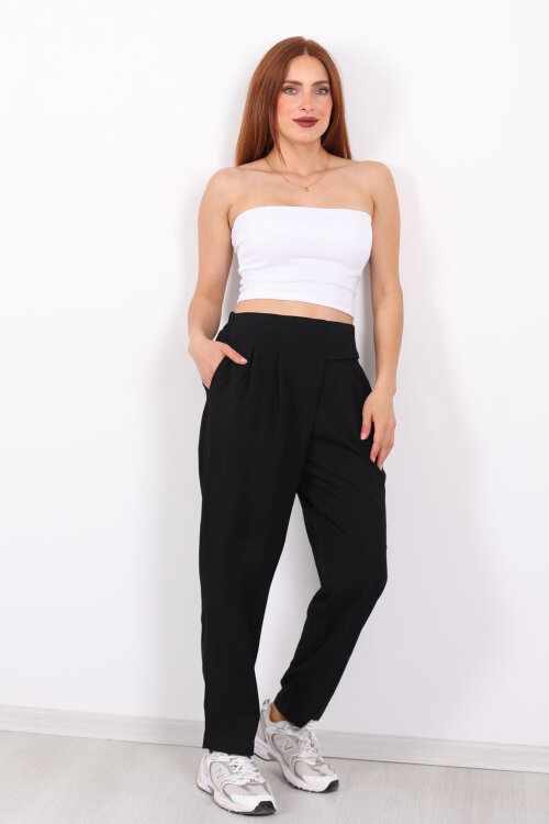 Yarım Kemer Çift Düğmeli Siyah Kadın Havuç Pantolon - 6