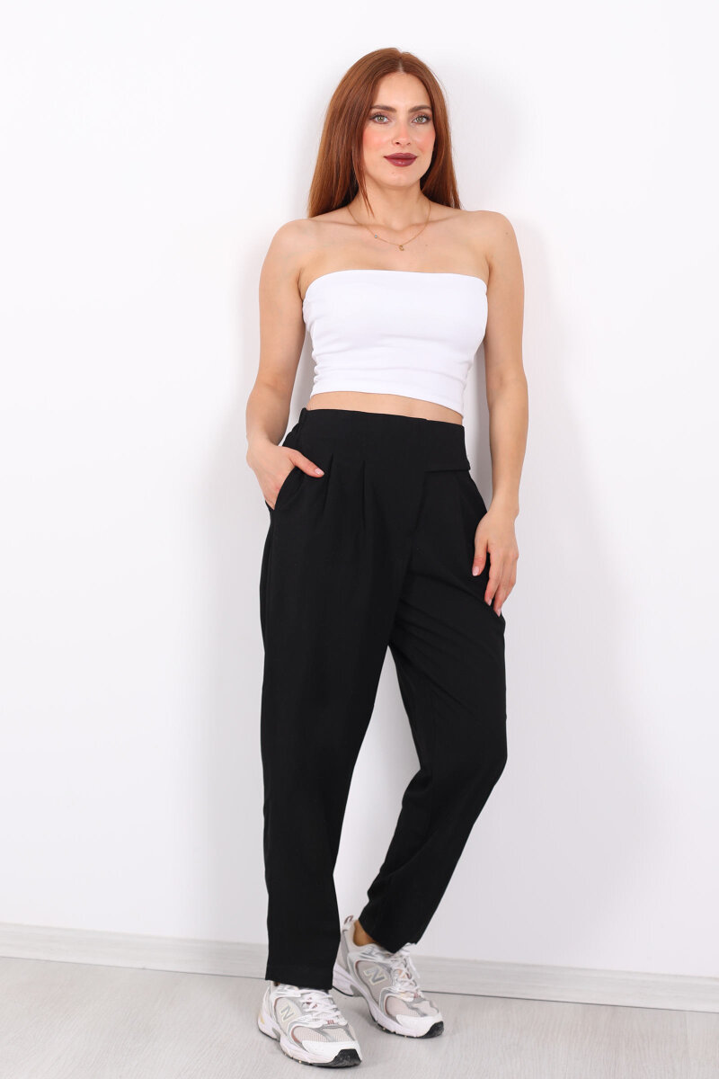 Yarım Kemer Çift Düğmeli Siyah Kadın Havuç Pantolon - 6