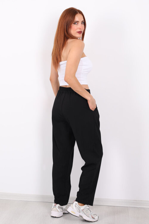 Yarım Kemer Çift Düğmeli Siyah Kadın Havuç Pantolon - 5