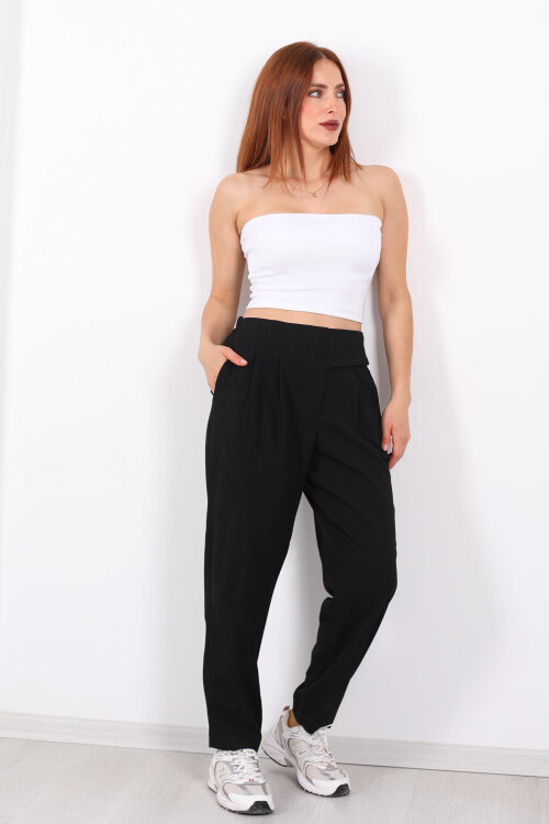 Yarım Kemer Çift Düğmeli Siyah Kadın Havuç Pantolon 