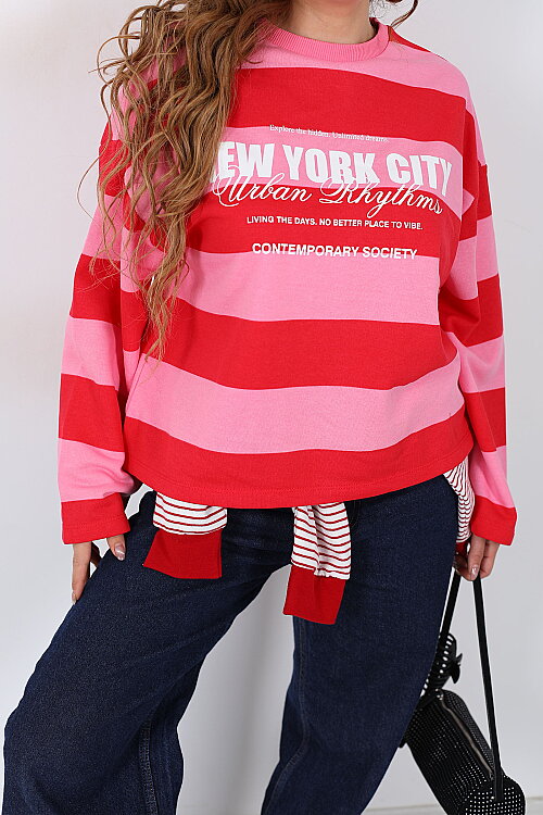 Yazı Baskılı Premium Pembe Kadın Çizgili Sweatshirt - Berox (1)