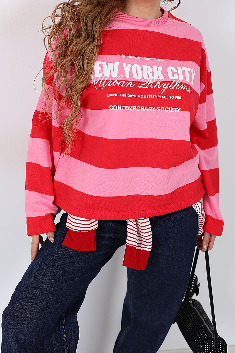 Yazı Baskılı Premium Pembe Kadın Çizgili Sweatshirt - 2