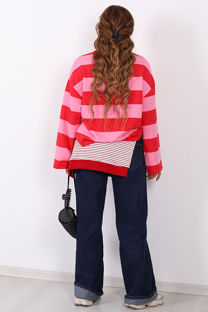 Yazı Baskılı Premium Pembe Kadın Çizgili Sweatshirt - 5