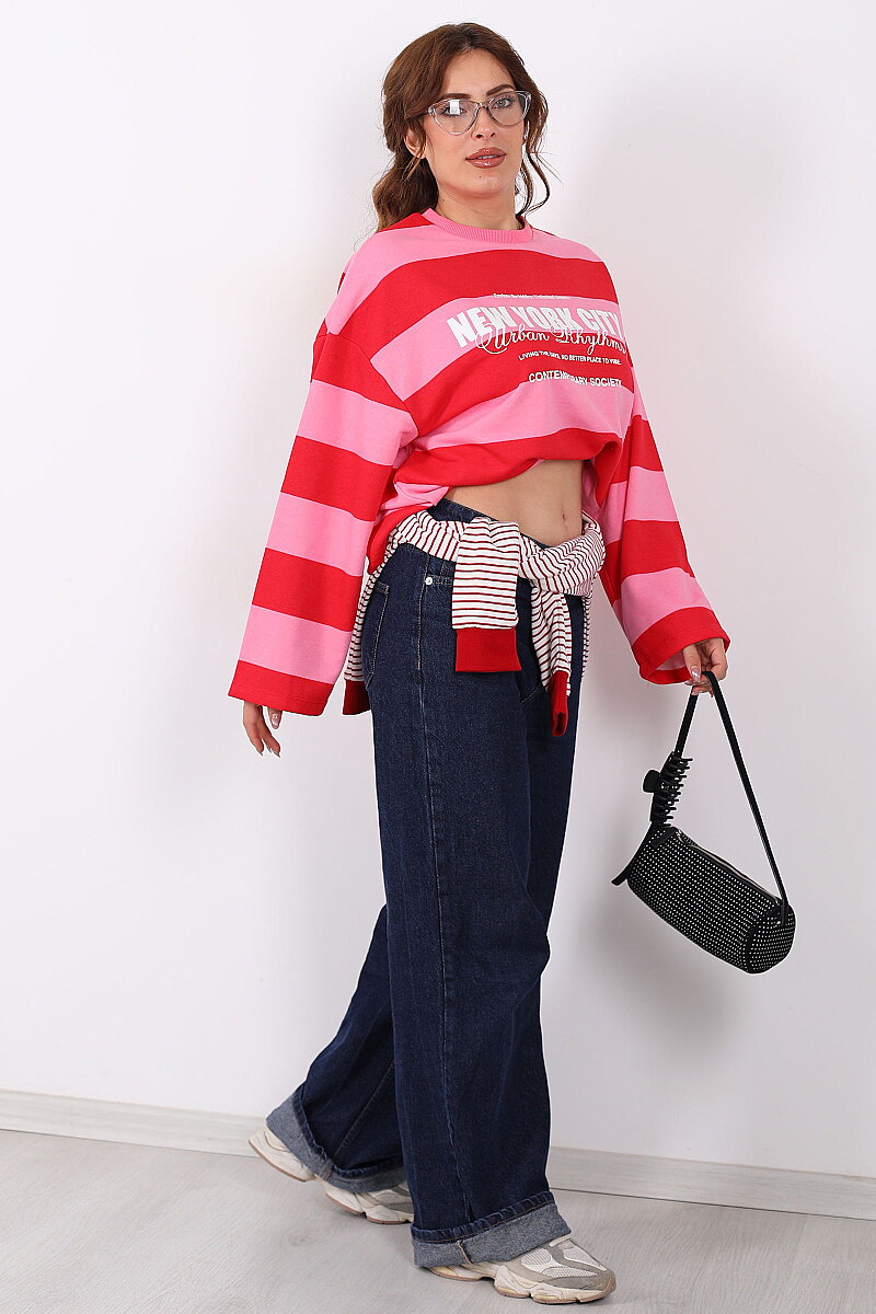 Yazı Baskılı Premium Pembe Kadın Çizgili Sweatshirt - 1